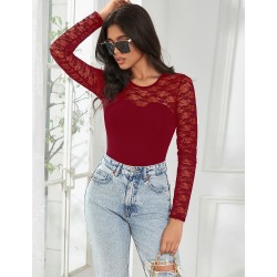 BODY ROUGE MANCHE LONGUE DENTELLE